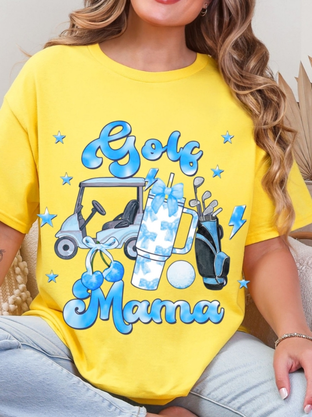 Gildan Yellow Tee with Blue Golf Mama Graphic